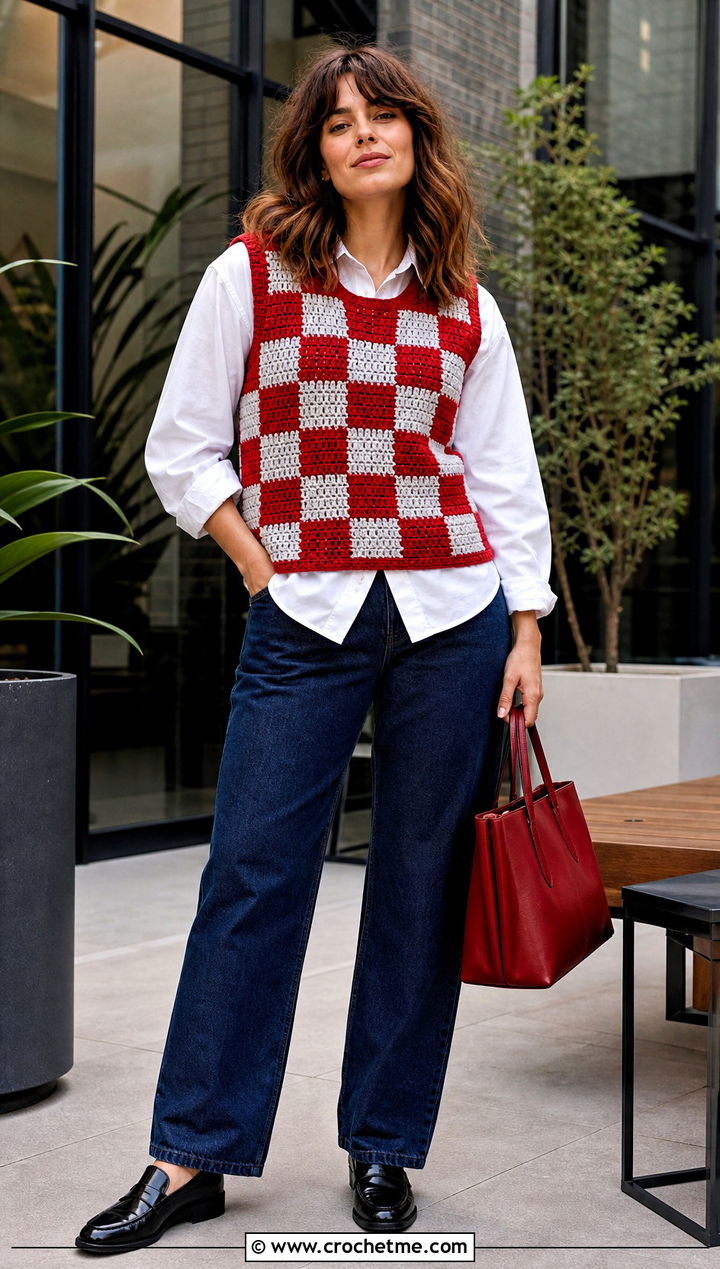 Checker Crochet Sweater Vest With White Shirt - 25 Crochet Checker Sweater outfit ideas