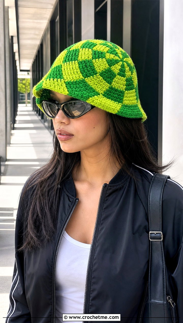 Checker Swirl Crochet Bucket Hat With Tracksuit And Sneakers - 30 crochet swirl hat outfit ideas