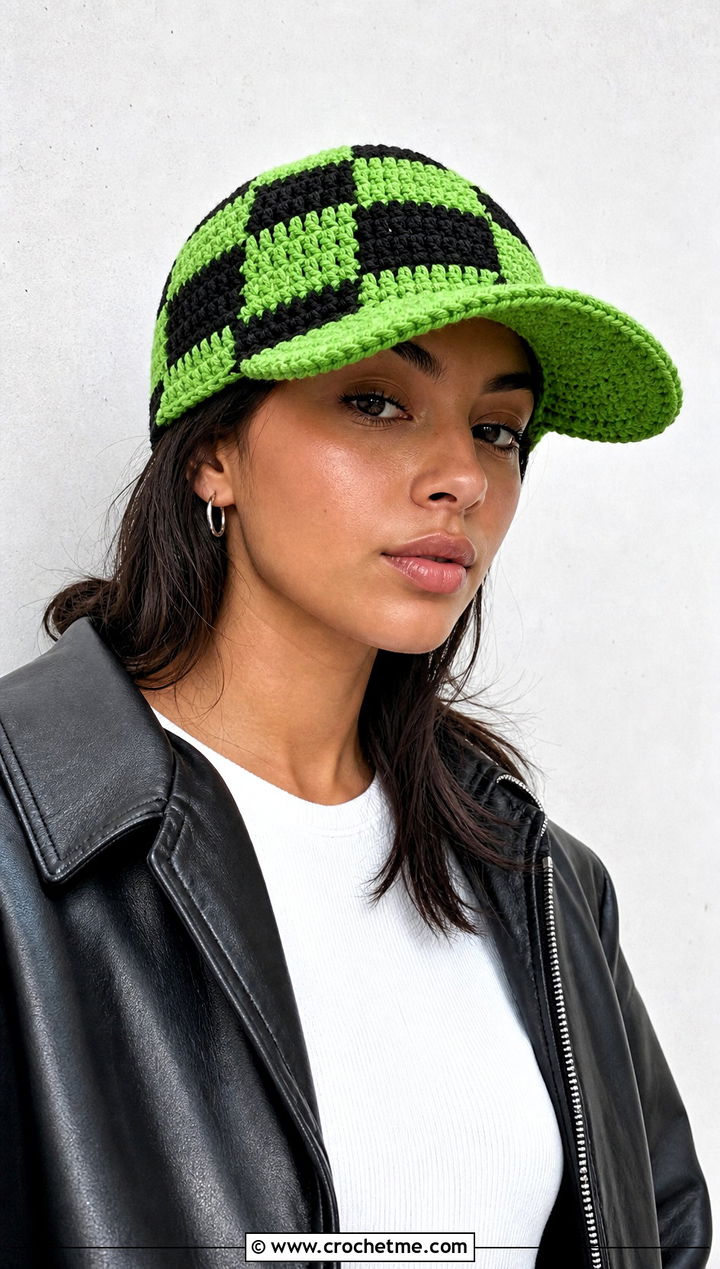 Checkerboard Amigurumi Baseball Cap With Leather Jacket - 25 amigurumi baseball cap outfit ideas