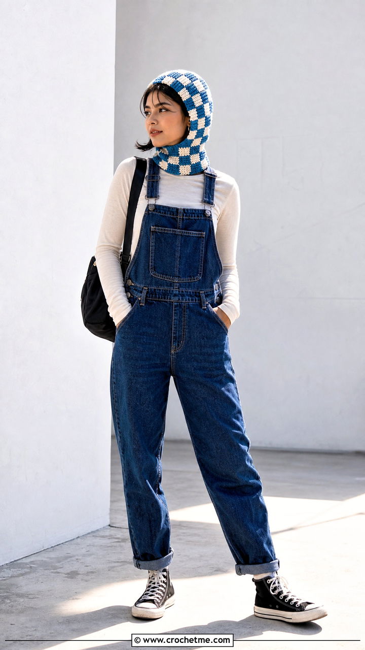 Checkerboard Balaclava With Overalls - 35 crochet baclava hat outfit ideas