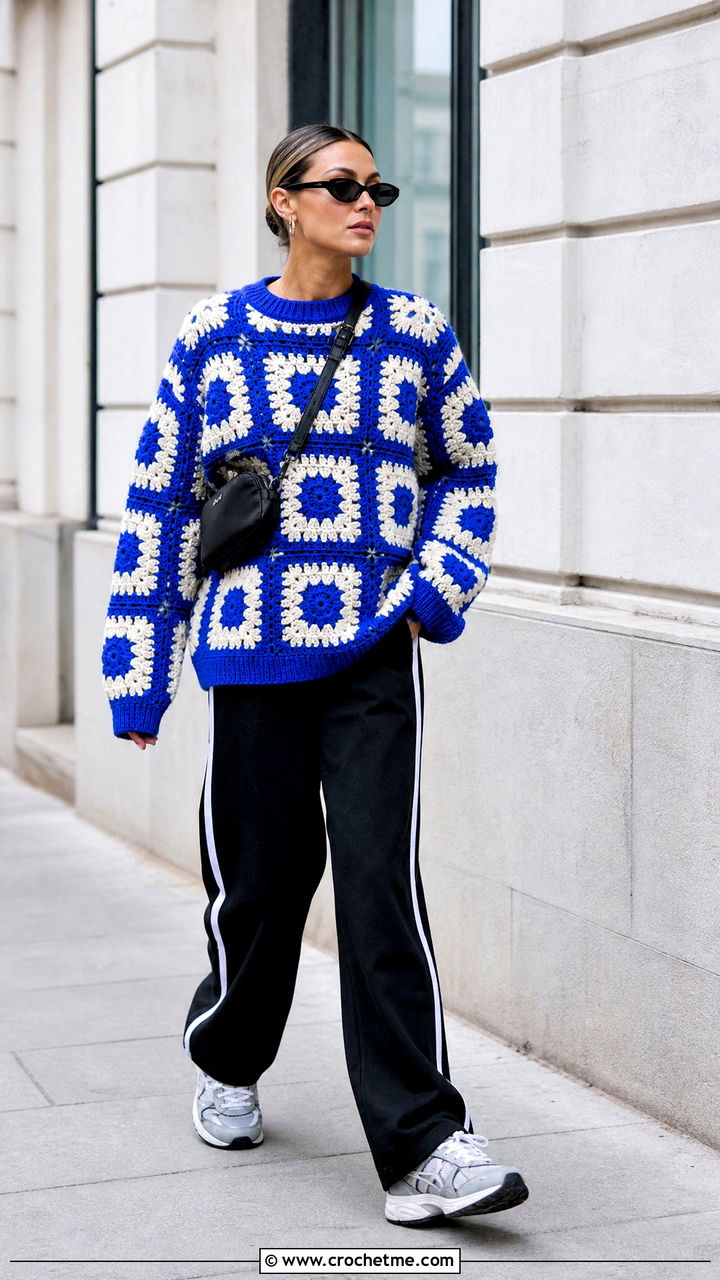 Checkerboard Big Granny Square Sweater With Track Pants - 35 big granny square sweater outfit ideas