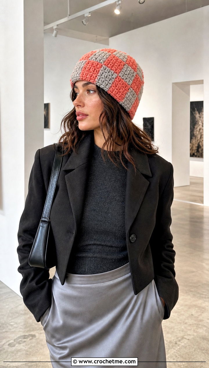 Checkerboard Blanket Yarn Crochet Beanie With Midi Skirt - 15 blanket yarn crochet beanie outfit ideas