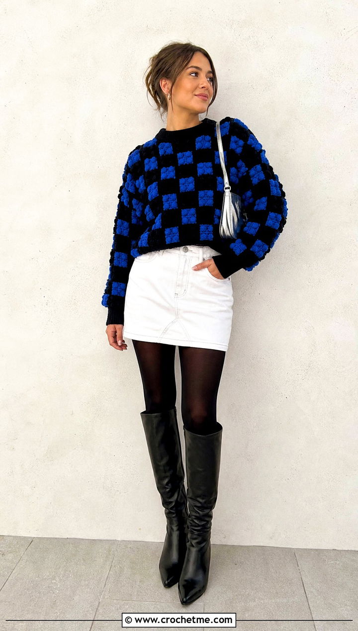 Checkerboard Bobble Sweater With Mini Skirt And Boots - 25 crochet bobble sweater outfit ideas