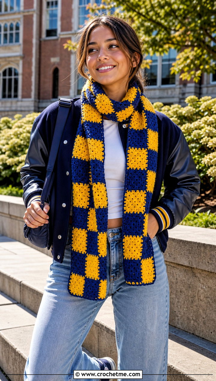 Checkerboard Bonfire Scarf With Varsity Jacket - 20 Crochet Bonfire Scarf outfit ideas