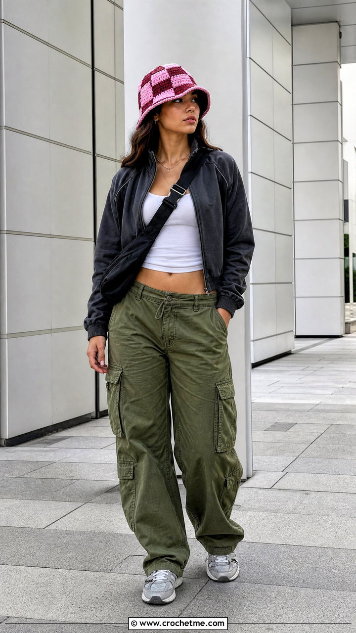 Checkerboard Bucket Hat With Cargo Pants - 35 pink crochet hat outfit ideas