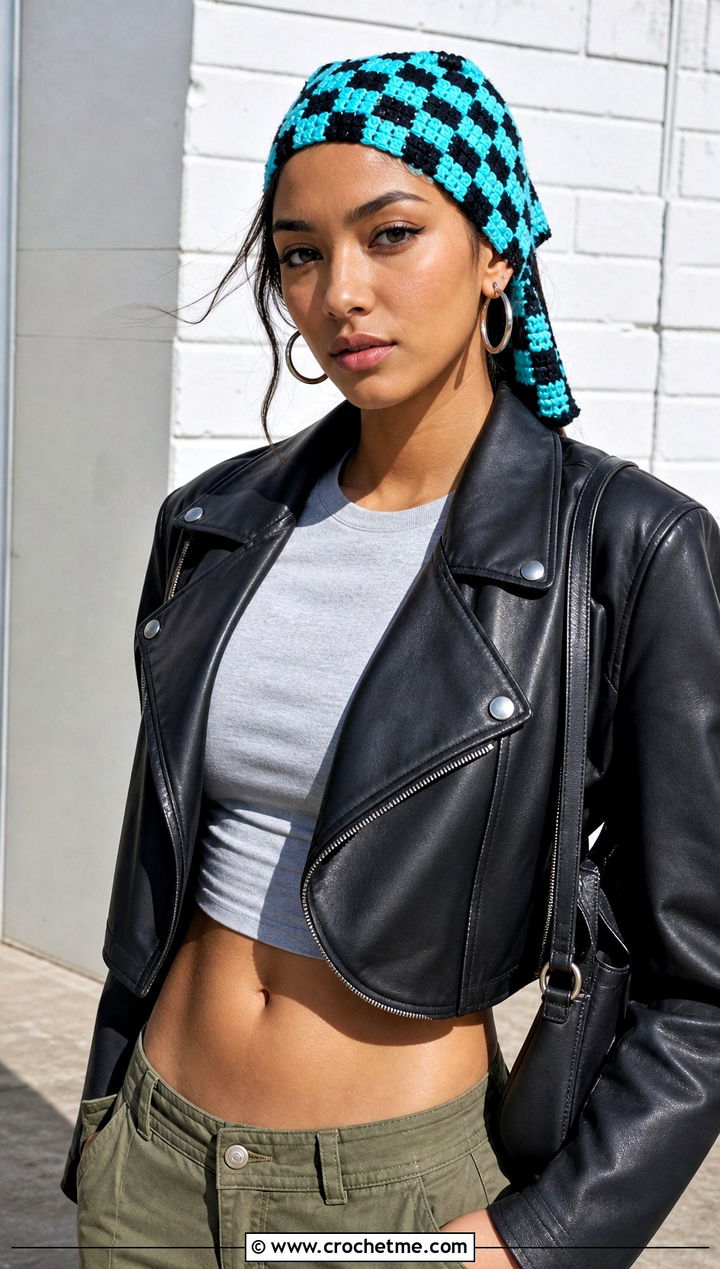 Checkerboard C C Crochet Head Scarf With Leather Jacket and Cargo Pants - 25 Crochet Boho Head Scarf outfit ideas