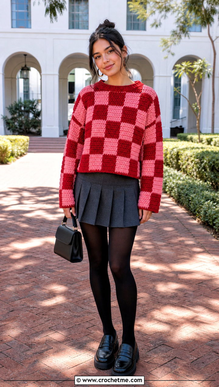 Checkerboard C C Crochet Sweater With Pleated Mini Skirt - 25 c2c crochet sweater outfit ideas