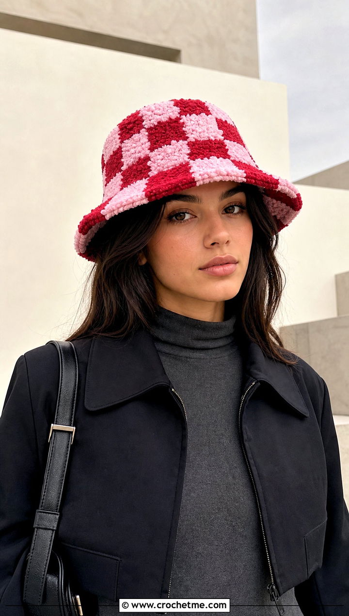 Checkerboard Chenille Bucket Hat With Minimal Outfit - 30 crochet chenille hat outfit ideas
