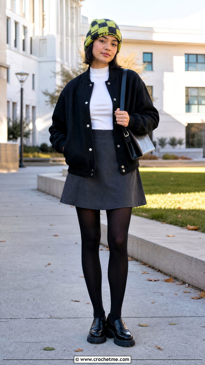 Checkerboard Chunky Crochet Beanie With Varsity Jacket And Mini Skirt - 35 chunky crochet beanie outfit ideas