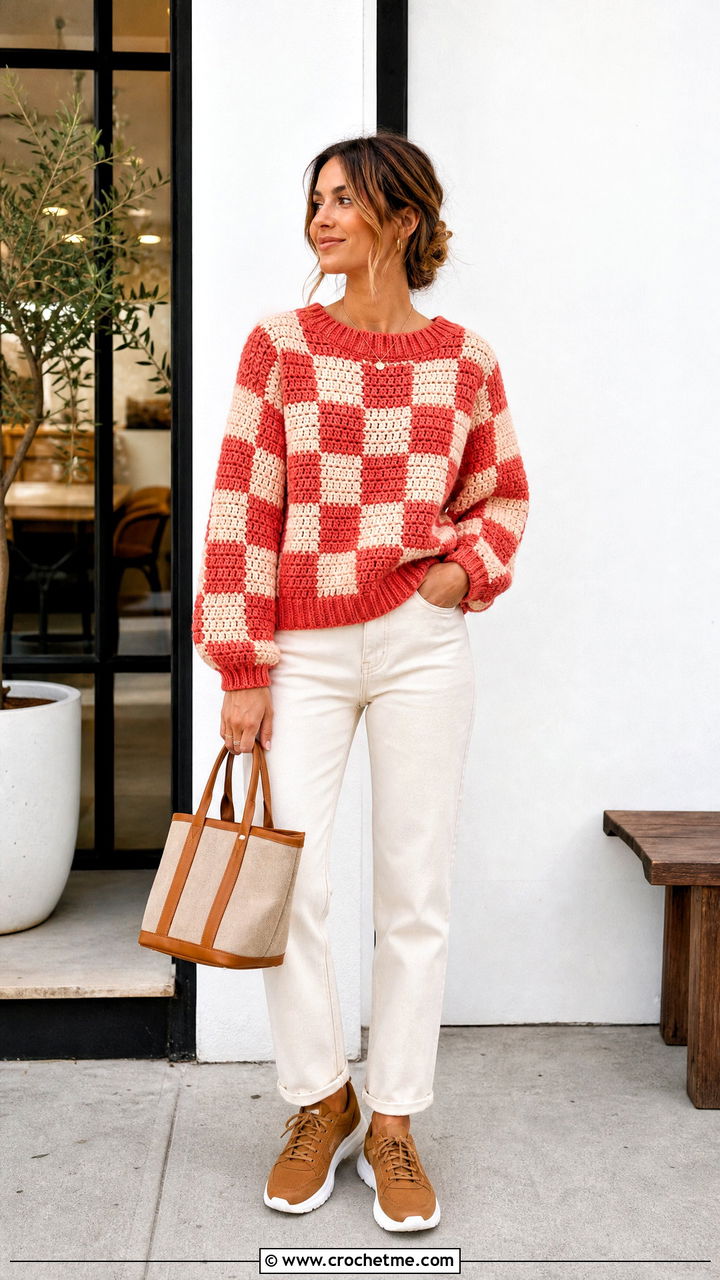 Checkerboard Chunky Crochet Jumper With Ecru Denim - 35 chunky crochet jumper outfit ideas