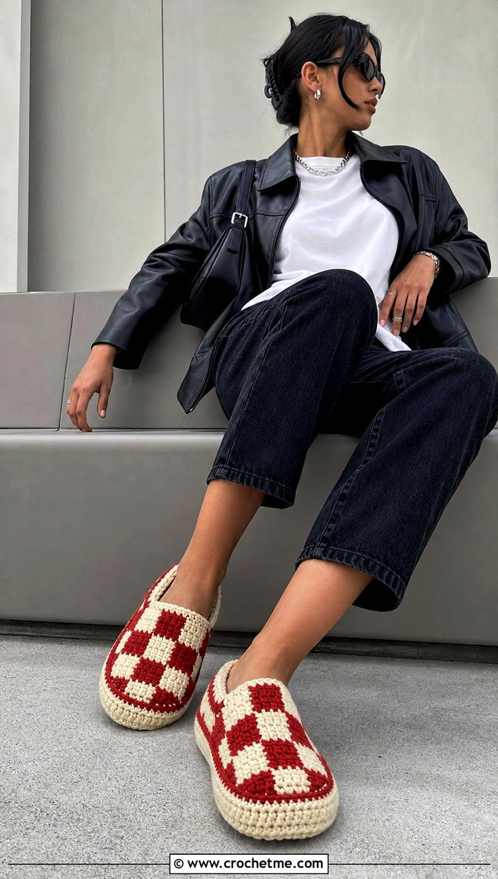 Checkerboard Chunky Crochet Slippers With Leather Jacket and Black Jeans - 30 chunky crochet slippers outfit ideas