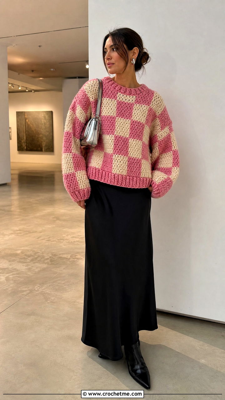 Checkerboard Chunky Crochet Sweater With Black Maxi Skirt - 35 chunky crochet sweater outfit ideas