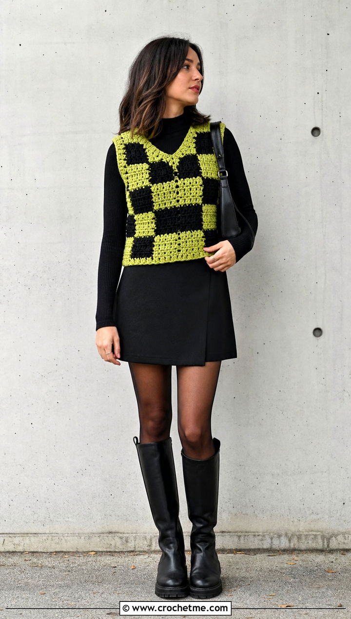 Checkerboard Chunky Crochet Vest With Mini Skirt And Boots - 25 Chunky Crochet Vest outfit ideas