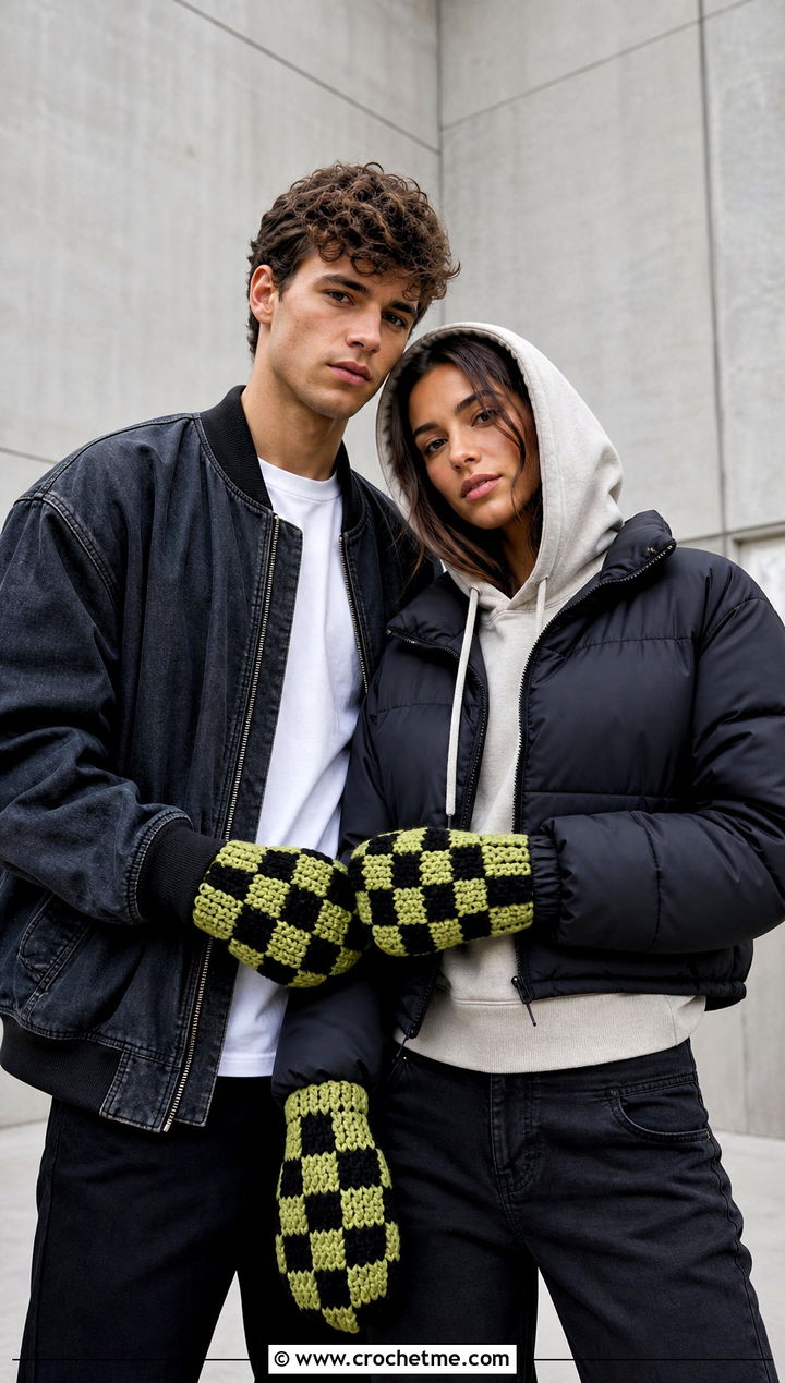 Checkerboard Couple Mittens With Streetwear - 25 crochet couple mittens outfit ideas