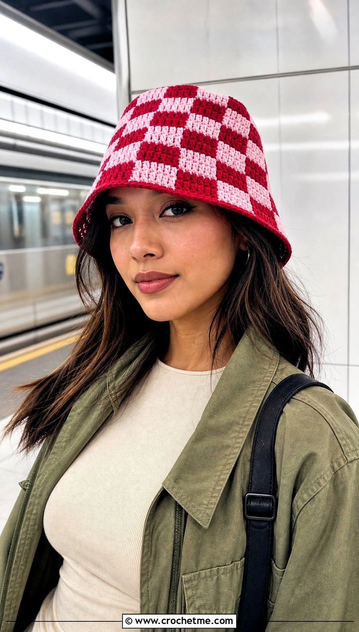 Checkerboard Crochet Adult Bucket Hat With Cargo Pants - 25 crochet adult bucket hat outfit ideas