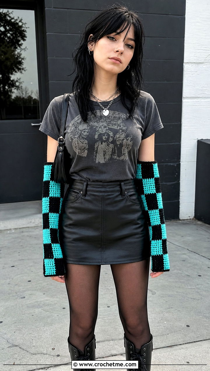 Checkerboard Crochet Arm Warmers With Graphic Tee And Mini Skirt - 25 Crochet Arm Warmer outfit ideas
