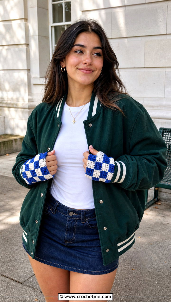 Checkerboard Crochet Arm Warmers With Varsity Jacket And Mini Skirt - 25 Easy Crochet Arm Warmers outfit ideas