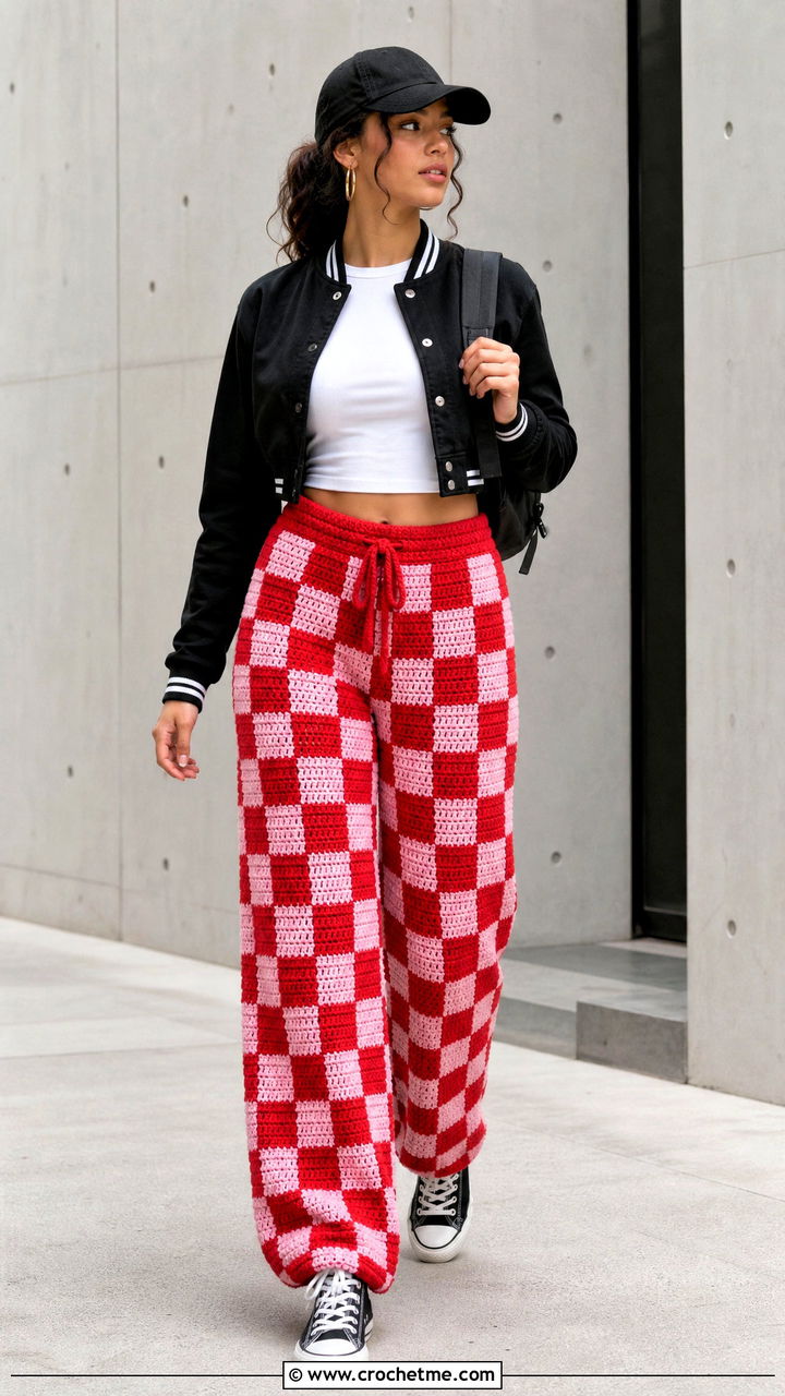 Checkerboard Crochet Baggy Pants With Varsity Jacket - 35 crochet baggy pants outfit ideas