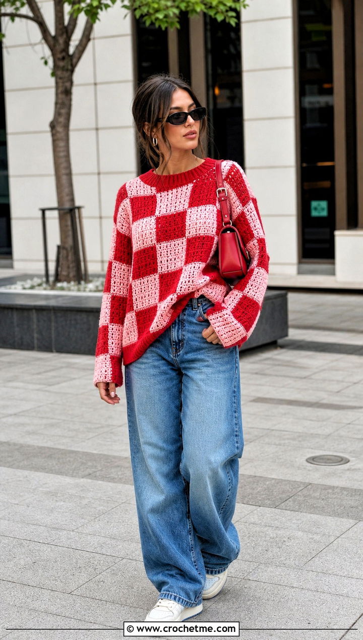 Checkerboard Crochet Baggy Sweater With Loose Fit Jeans - 30 crochet baggy sweater outfit ideas