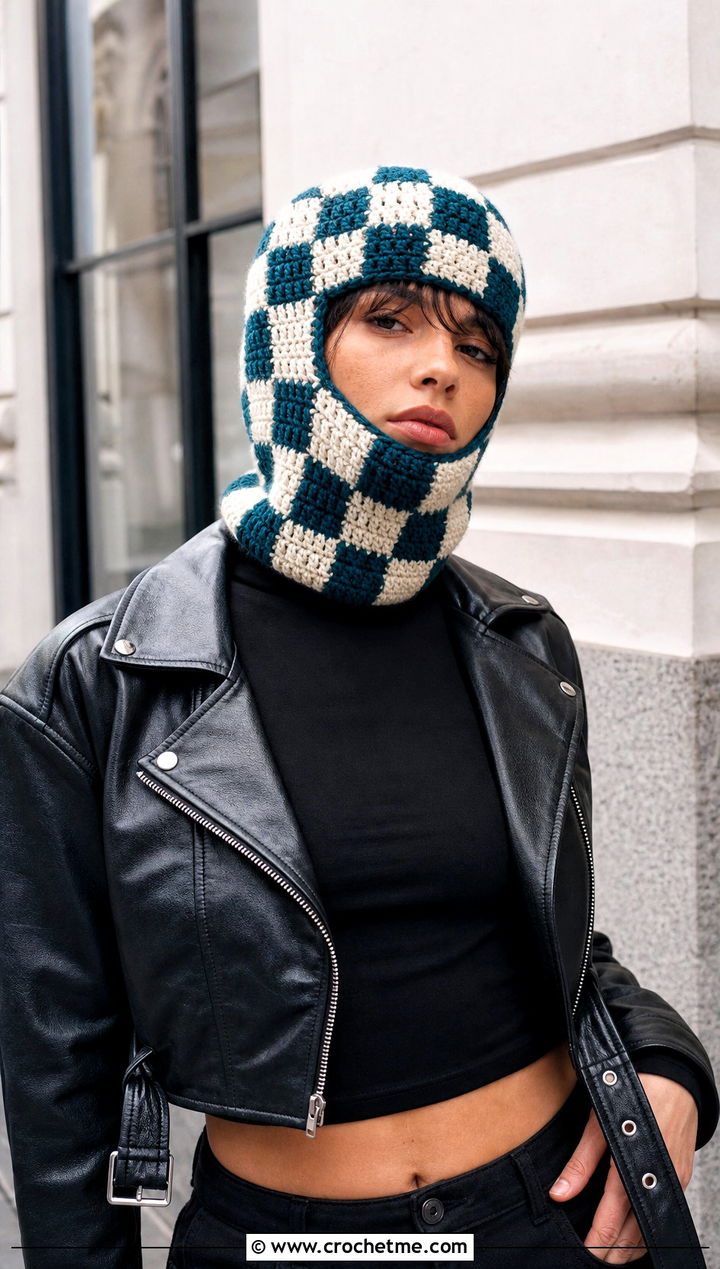 Checkerboard Crochet Balaclava Beanie With Leather Jacket - 25 crochet balaclava beanie outfit ideas