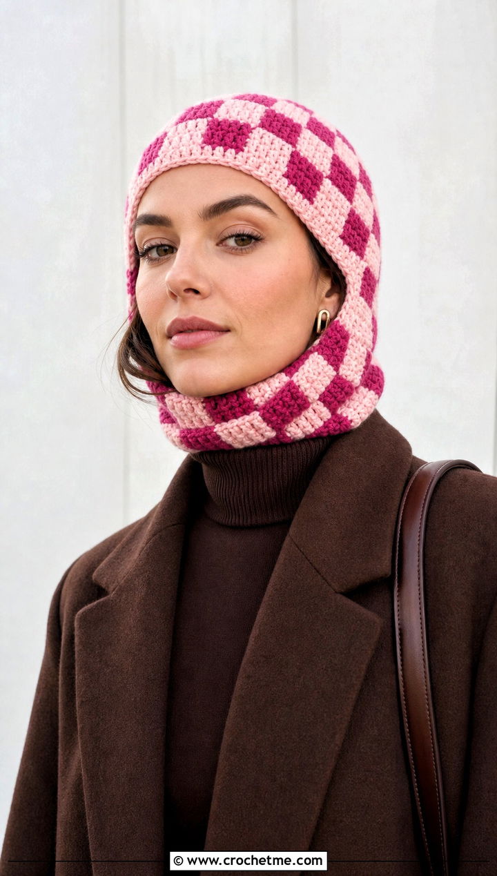 Checkerboard Crochet Balaclava Hat With Monochrome Outfit - 25 crochet balaclava hat outfit ideas