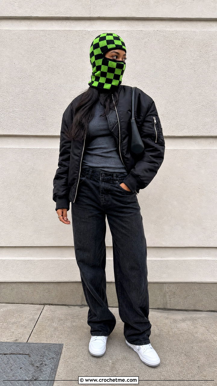 Checkerboard Crochet Balaclava With Bomber Jacket And Jeans - 35 crochet balaclava outfit ideas