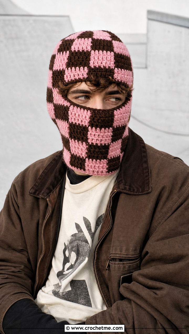 Checkerboard Crochet Balaclava With Skate Outfit - 30 crochet balaclava for men outfit ideas