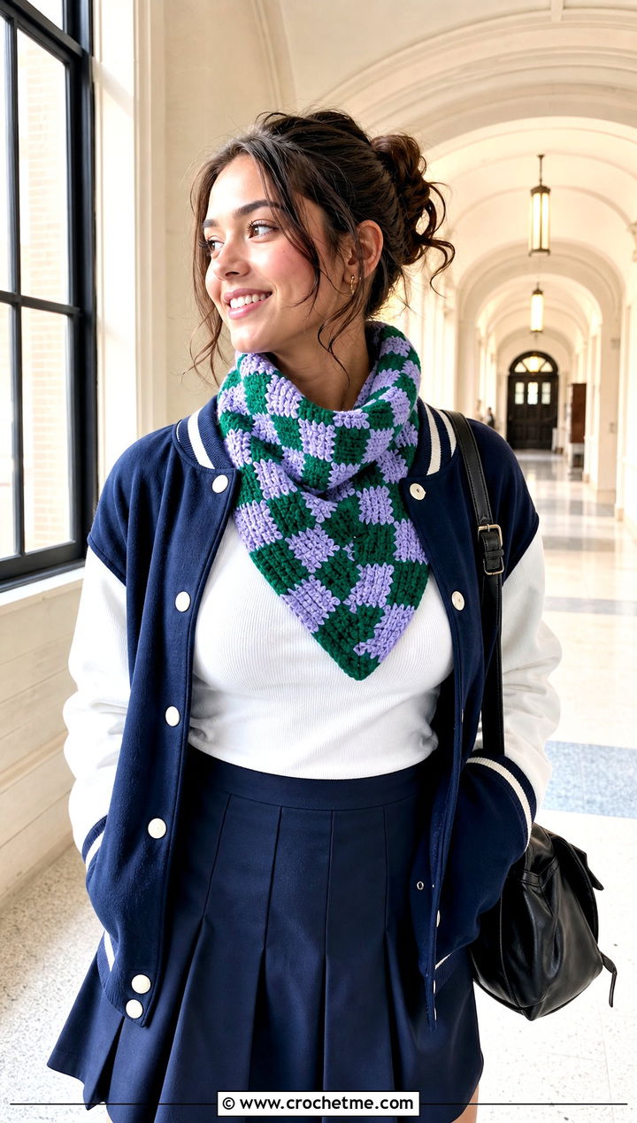 Checkerboard Crochet Bandana Cowl With Varsity Jacket - 30 crochet bandana cowl outfit ideas