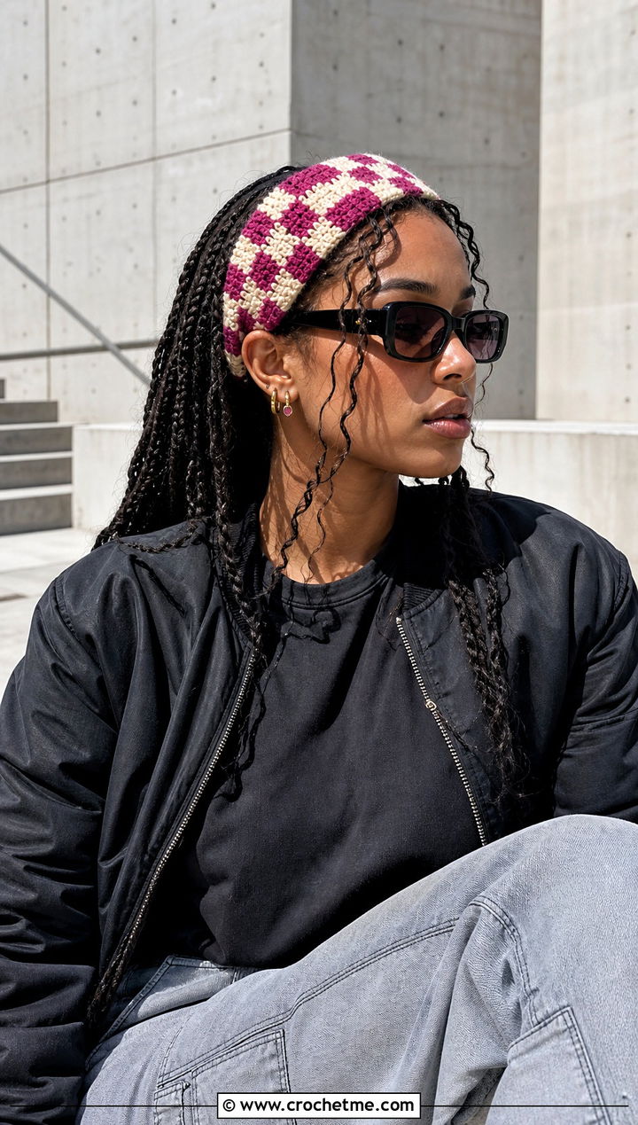 Checkerboard Crochet Bandana Headband With Streetwear Outfit - 25 Crochet Bandana Headband outfit ideas
