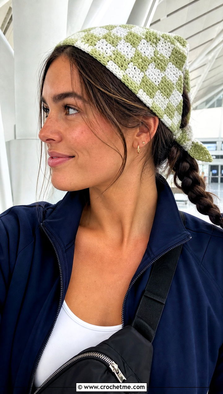 Checkerboard Crochet Bandana With Sporty Tracksuit - 25 crochet bandana hair scarf outfit ideas