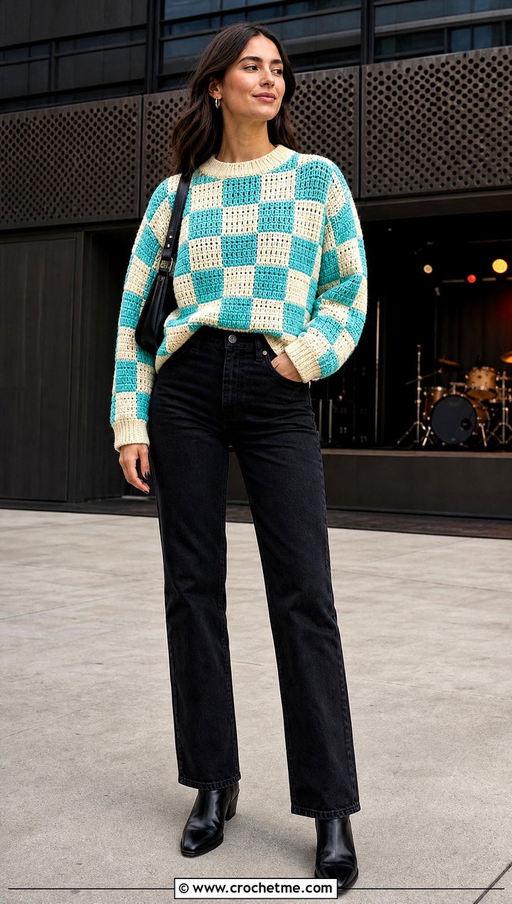 Checkerboard Crochet Barbie Sweater With Black Jeans - 25 crochet barbie sweater outfit ideas