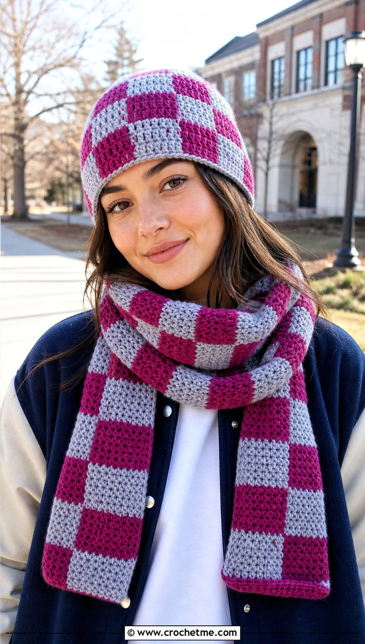 Checkerboard Crochet Beanie And Scarf Set With Varsity Jacket - 30 crochet beanie and scarf set outfit ideas