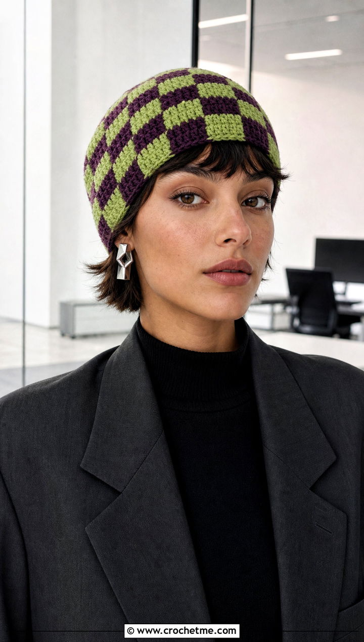 Checkerboard Crochet Beanie With Blazer And Trousers - 30 two color crochet beanie outfit ideas
