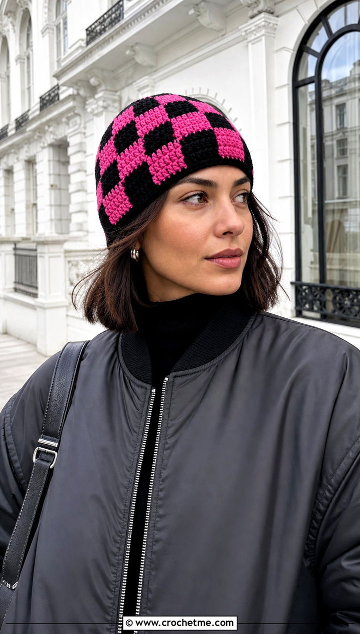 Checkerboard Crochet Beanie With Bomber Jacket - 30 winter crochet beanie outfit ideas