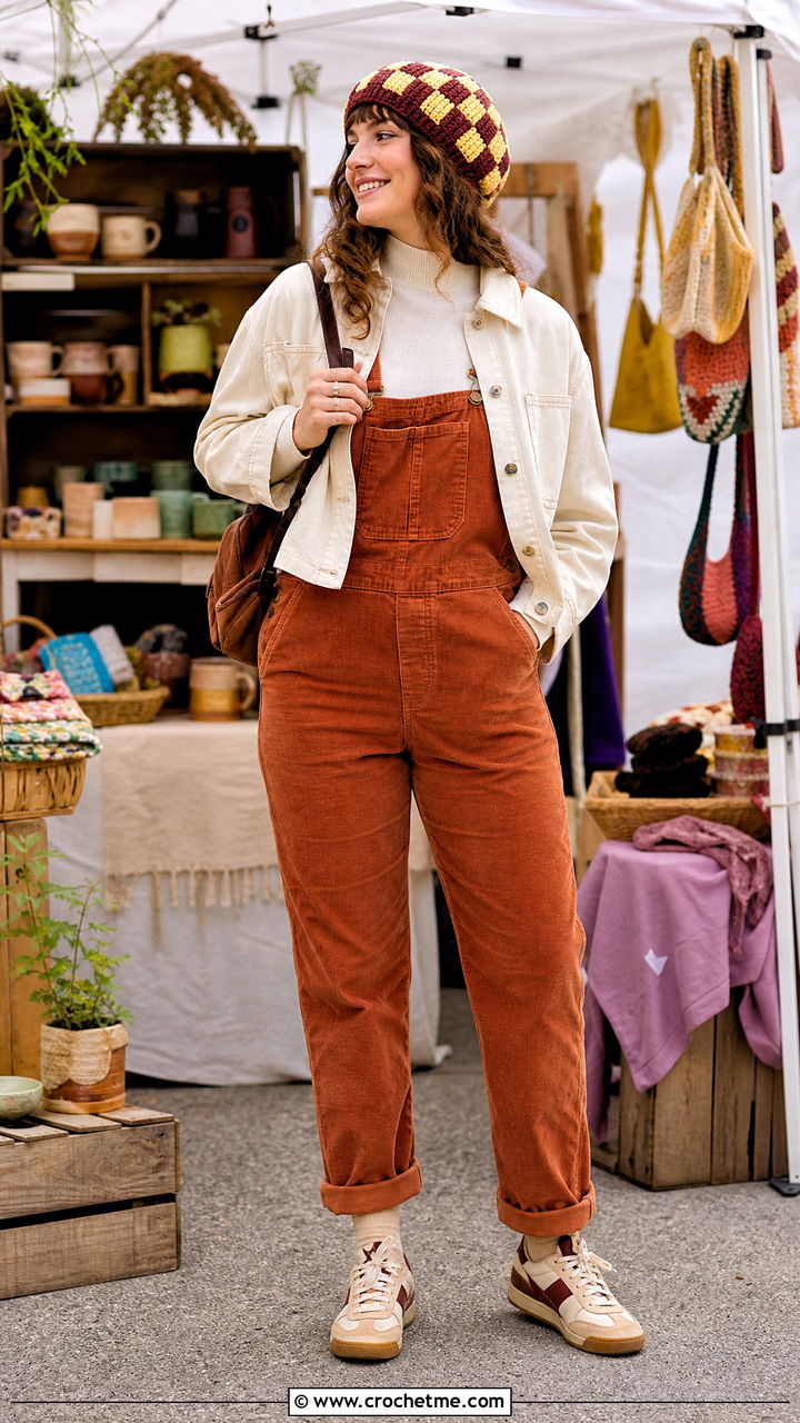 Checkerboard Crochet Beanie With Corduroy Overalls - 35 crochet beanies outfit ideas