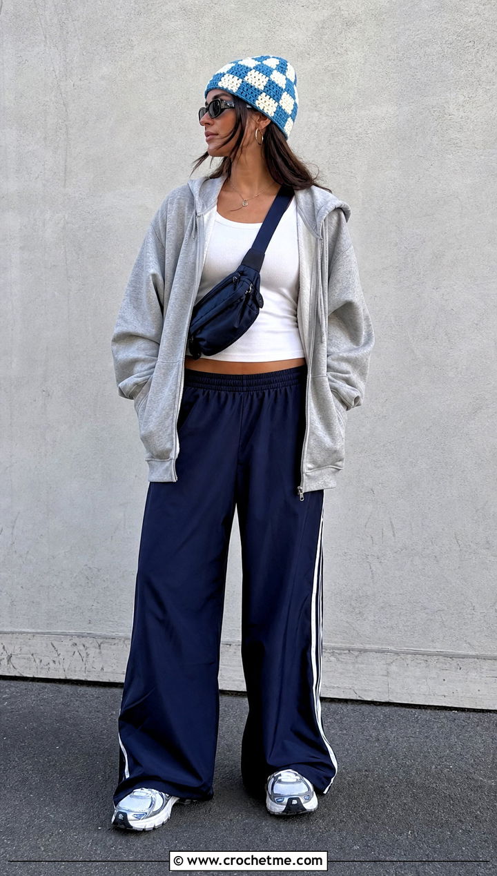 Checkerboard Crochet Beanie With Hoodie And Track Pants - 35 crocheted beanies outfit ideas