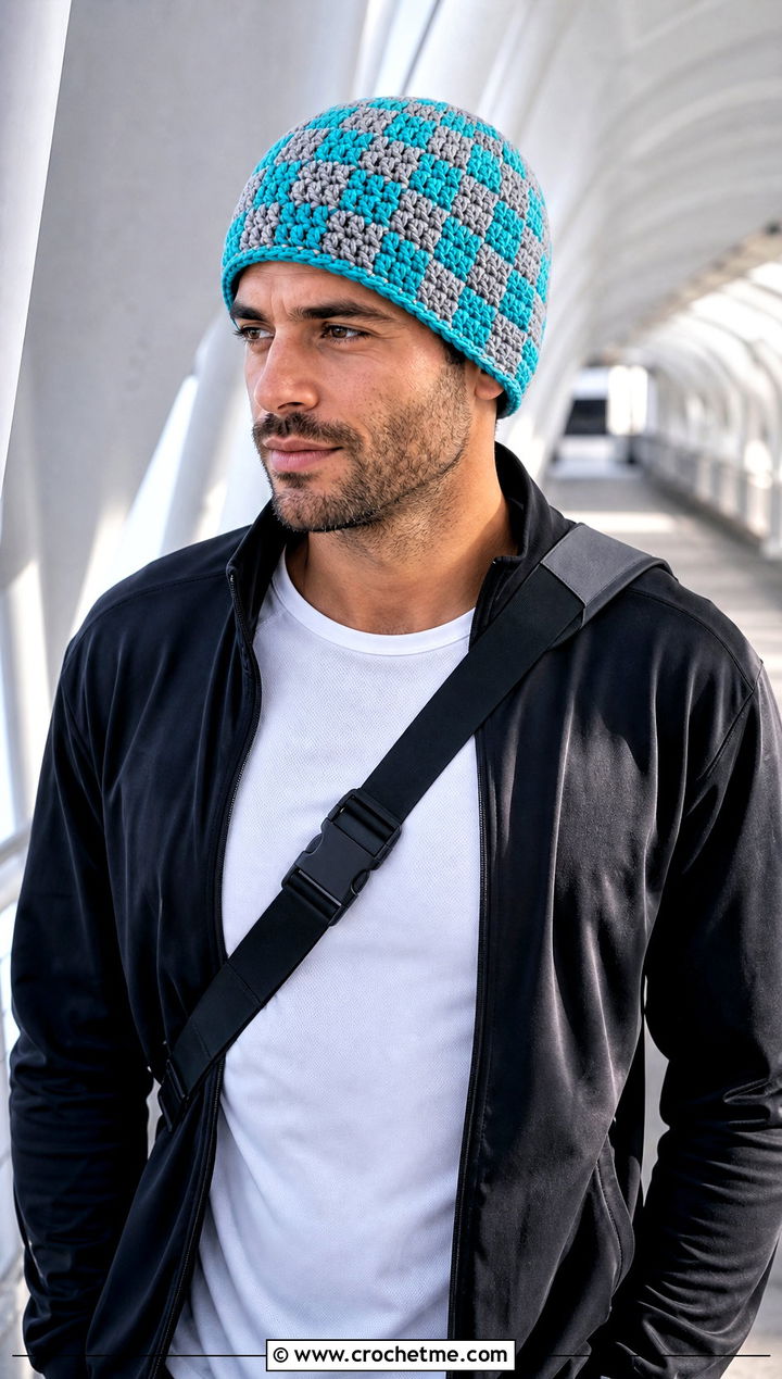 Checkerboard Crochet Beanie With Track Jacket - 30 crochet man beanie outfit ideas
