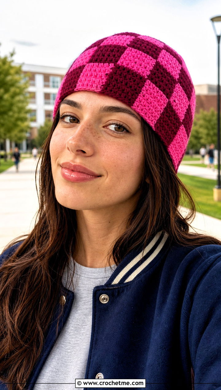 Checkerboard Crochet Beanie With Varsity Jacket - 25 Fall Crochet Beanie outfit ideas