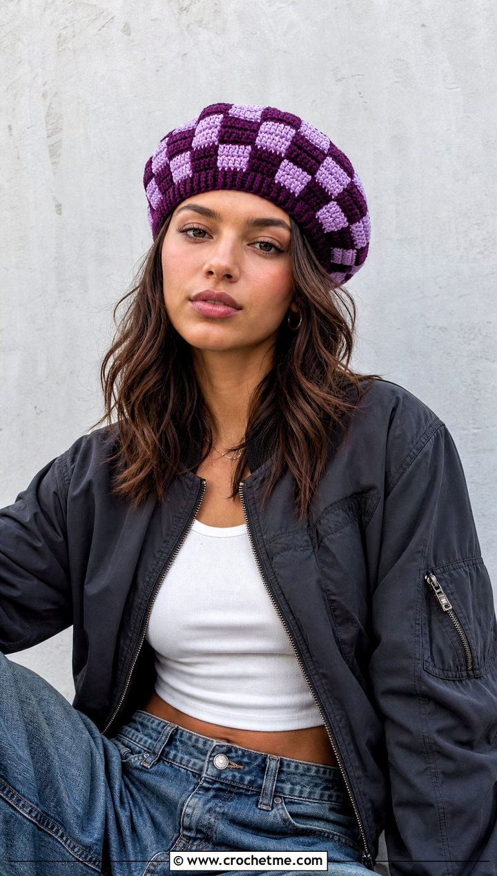 Checkerboard Crochet Beret With Bomber Jacket And Baggy Jeans - 30 crochet berets outfit ideas