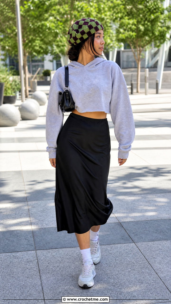 Checkerboard Crochet Beret With Hoodie And Midi Skirt - 35 crochet beret outfit ideas