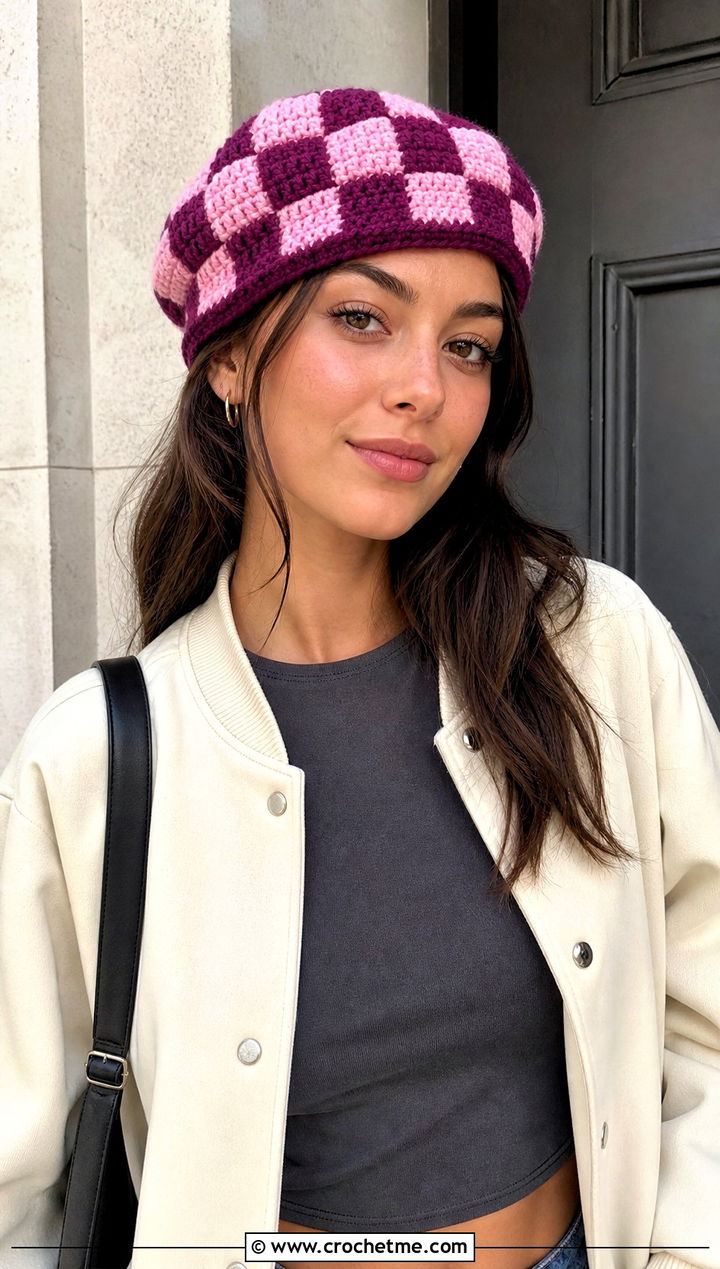 Checkerboard Crochet Beret With Varsity Jacket And Cargo Pants - 15 simple crochet beret outfit ideas