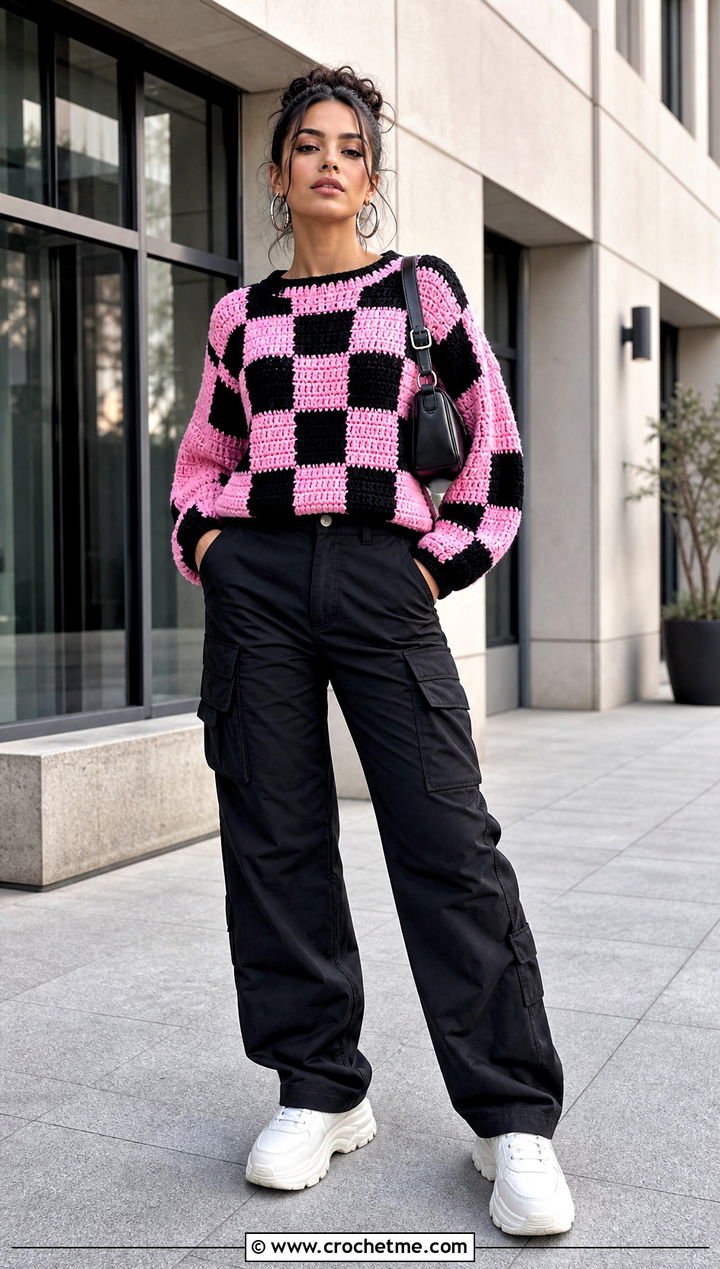 Checkerboard Crochet Block Sweater With Black Cargo Pants - 30 crochet block sweater outfit ideas