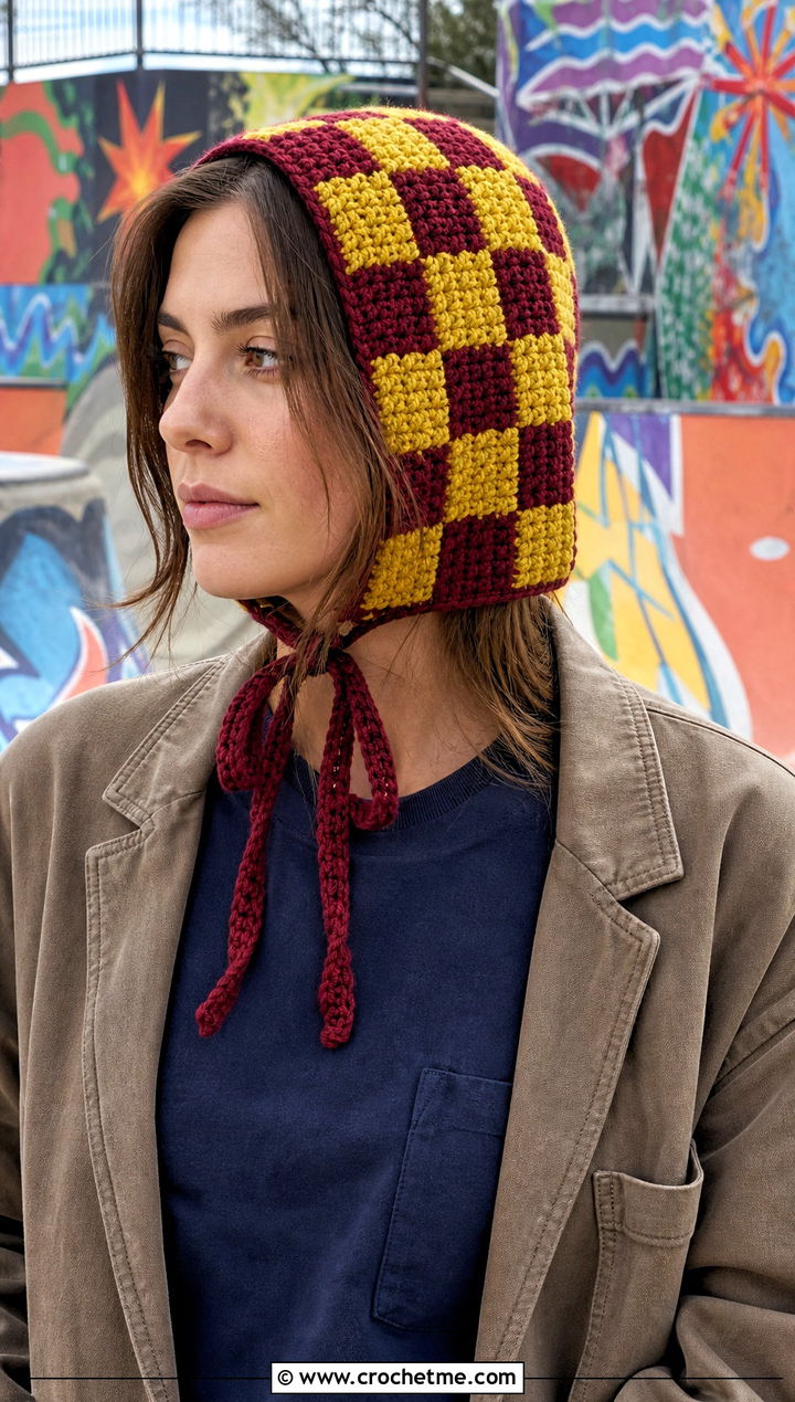 Checkerboard Crochet Bonnet With Skater Outfit - 25 Crochet Hair Bonnet outfit ideas