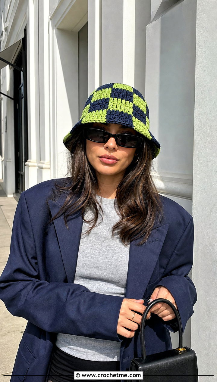 Checkerboard Crochet Bucket Hat With Blazer And Mini Skirt - 15 hailey bieber crochet bucket hat outfit ideas