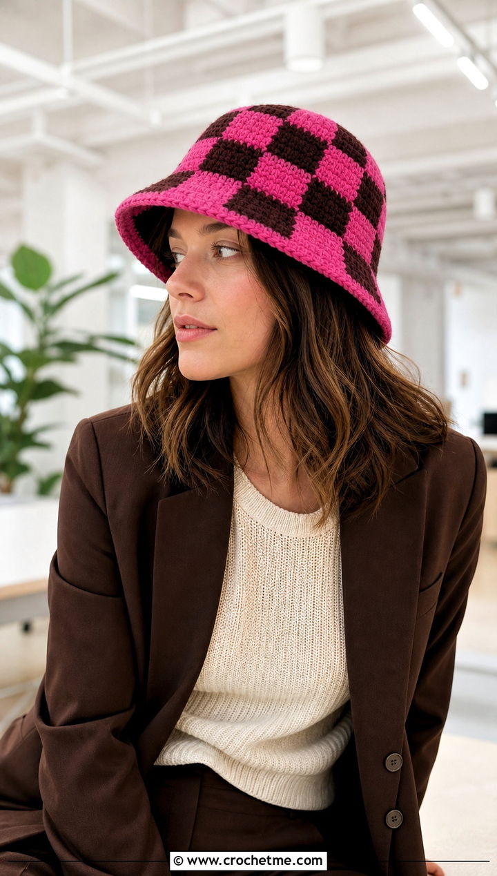 Checkerboard Crochet Bucket Hat With Blazer And Trousers - 30 hats to crochet outfit ideas