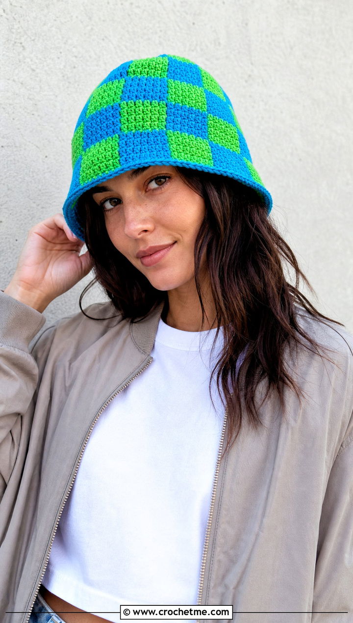 Checkerboard Crochet Bucket Hat With Cargo Pants - 30 Two Colors Crochet Hat outfit ideas