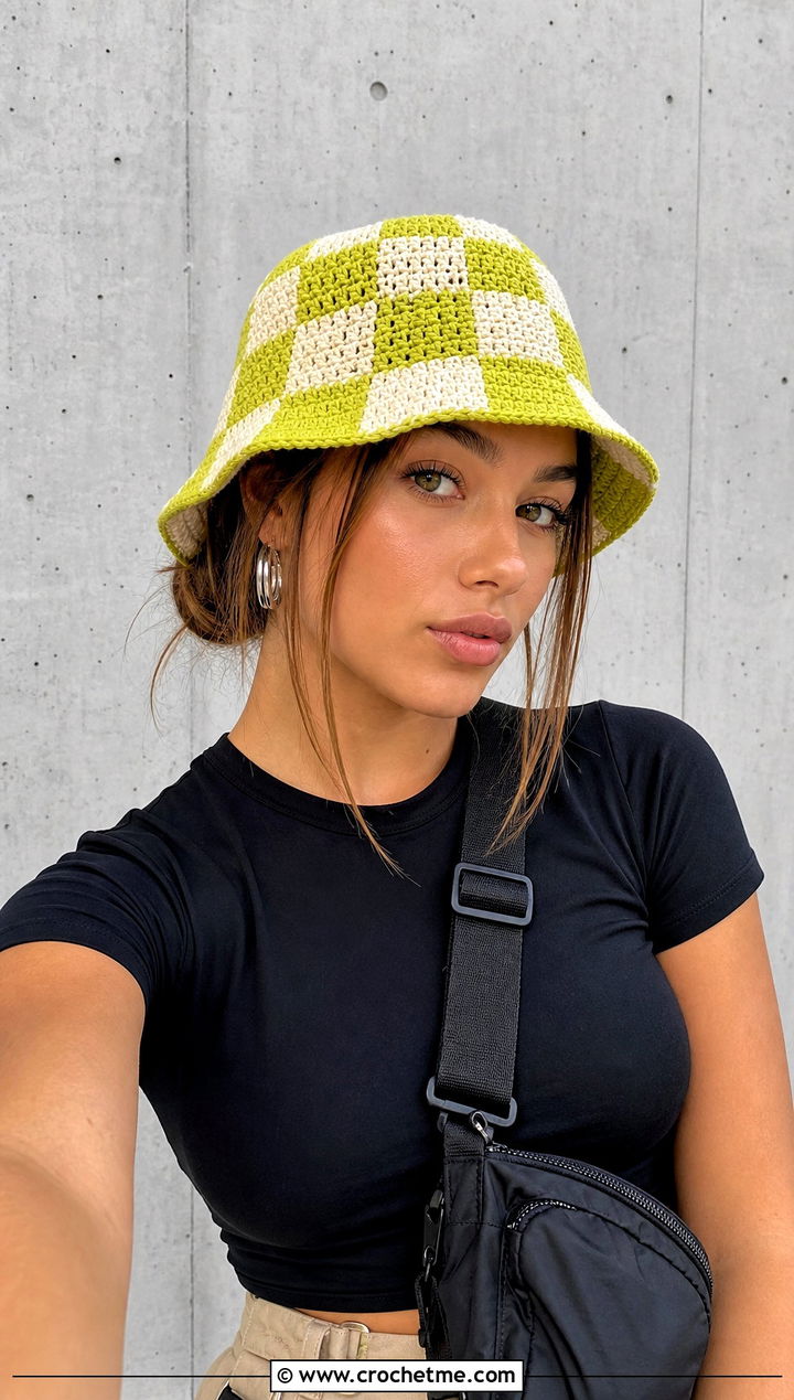 Checkerboard Crochet Bucket Hat With Cargo Pants - 25 Easy Crochet Bucket Hats outfit ideas