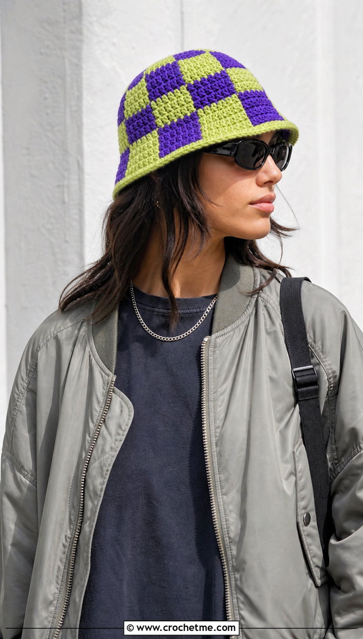 Checkerboard Crochet Bucket Hat With Cargo Pants - 15 multi color crochet hat outfit ideas