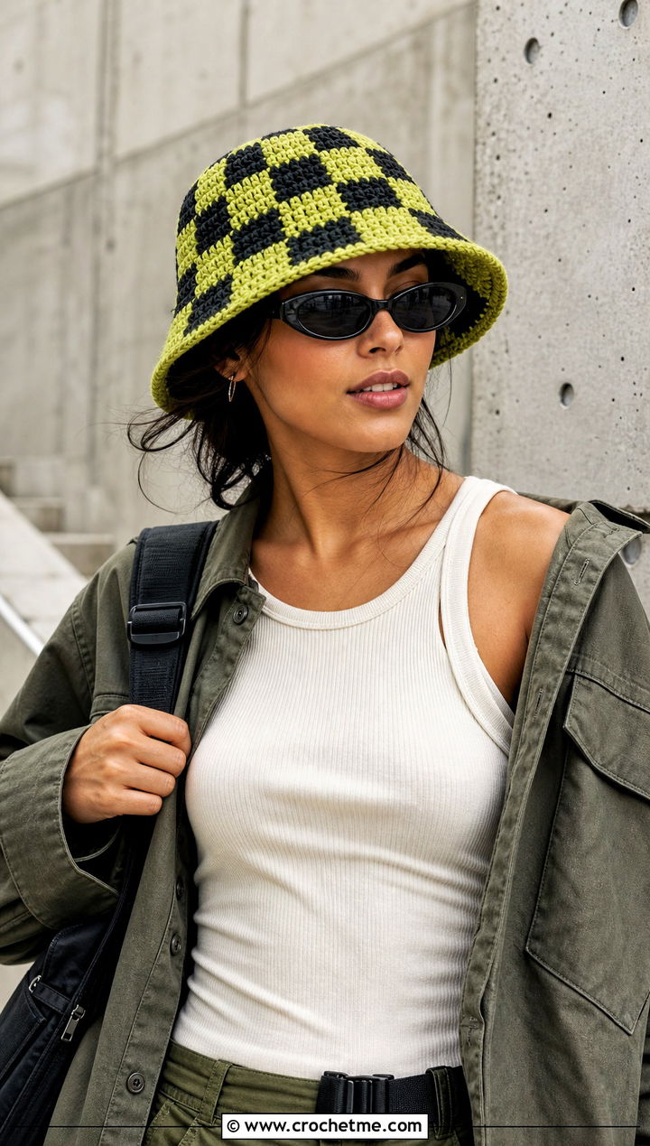 Checkerboard Crochet Bucket Hat With Cargo Pants - 30 easy crochet bucket hat outfit ideas
