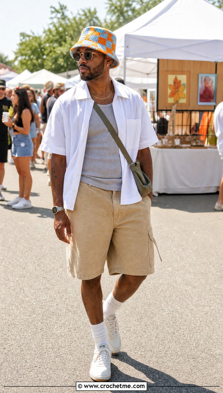 Checkerboard Crochet Bucket Hat With Festival Outfit - 35 mens crochet hat outfit ideas